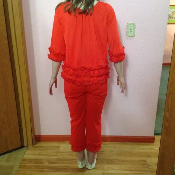 Vintage 1960s Red-Orange Ruffled Capri Nylon Pajamas - Picture 2 of 6